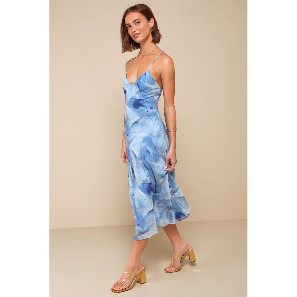 Lulus Bright Charm Blue Abstract Print Chiffon Slip Midi Dress Size Large - Picture 3 of 5